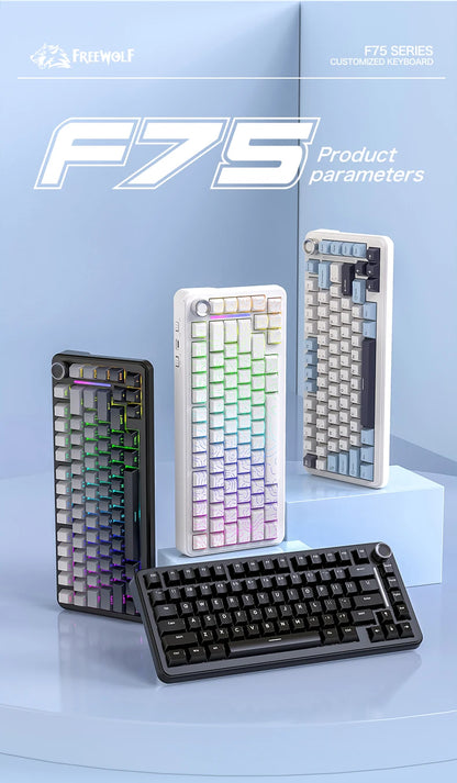 75% Hot Swap Gaming Keyboard Wireless FREEWOL F75 RGB Mechanical Keyboard with Metal Knobs AULA F75 Same Model,Tri-Mode,4000 mAh