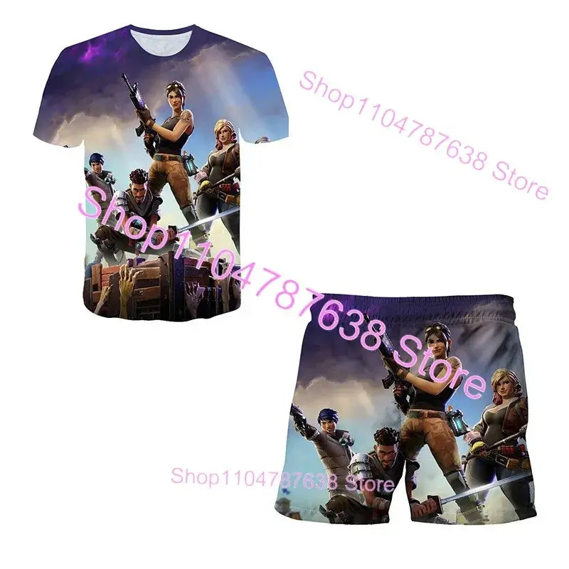 2PCS Suits F-Fortnite Victory 3D T-shirt Shorts Kids Tops Girls Boys Battle Royale Clothes Harajuku Tees Hero Children T-Shirt