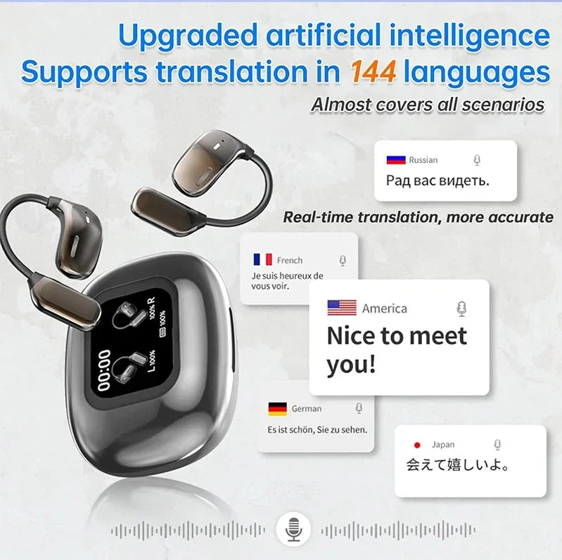 UYUXIO OWS AI Translation Earbuds with LCD Touch Screen, 144 Languages Real-Time Translator Earphones, Wireless Bluetooth Translating Headphones with Noise Cancellation
