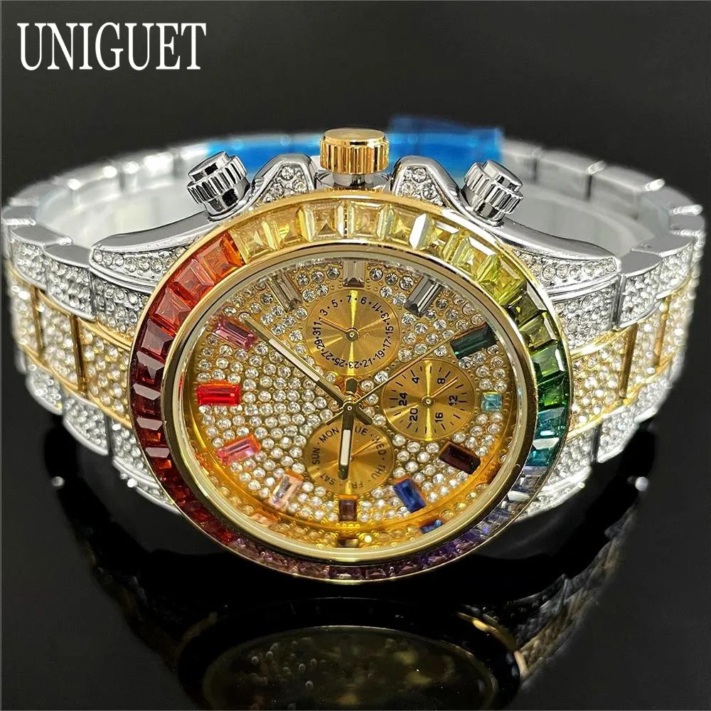 Hot Fashion Green Watches Men Brand UNIGUET Luxury Stainless Steel Hip Hop Rainbow Diamond Quartz Wristwatch Male Dropshipping ﻿