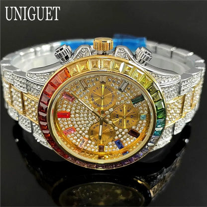Hot Fashion Green Watches Men Brand UNIGUET Luxury Stainless Steel Hip Hop Rainbow Diamond Quartz Wristwatch Male Dropshipping ﻿