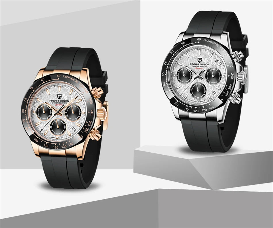 PAGANI DESIGN V2 40MM Herrenuhr mit Meteorit-Zifferblatt, Quarzwerk, Saphirglas, Retro-Chronograph, wasserdichte Uhr für Herren
