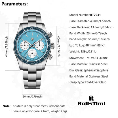 Rossitimi Casual Elegance Men Quartz Watch  Light Luxury Premium Stainless Steel Sapphire Small Three-Pin Luminous Diving Watch