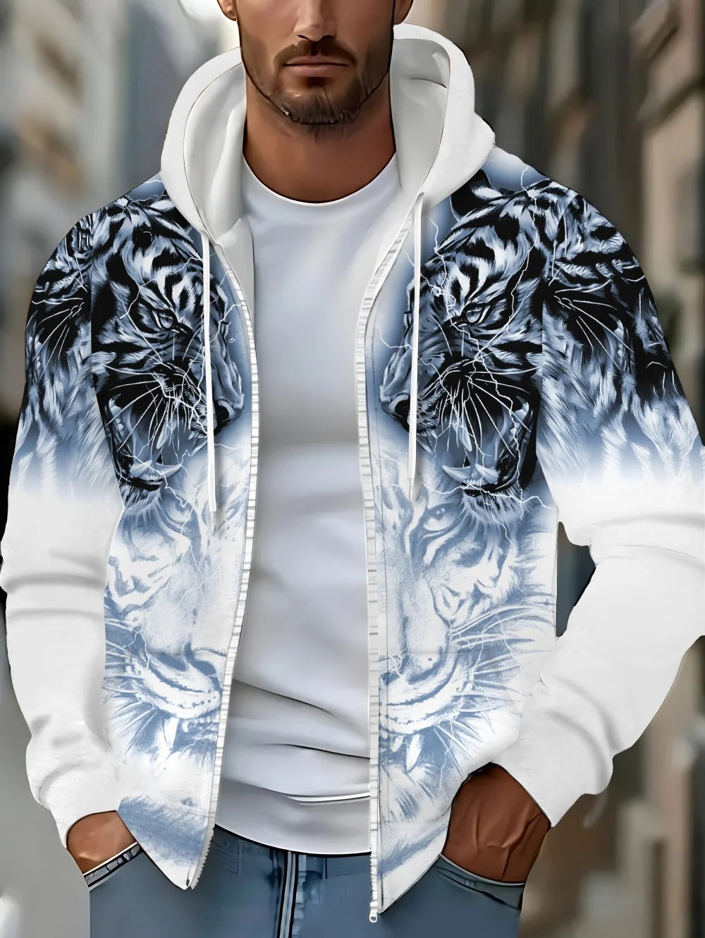 2025 Mens Long Sleeve Zip up Tiger Graphic Hoodie Casual Outdoor Fashion Coat with Drawstring and Pockets Zipup Hoodie for Man