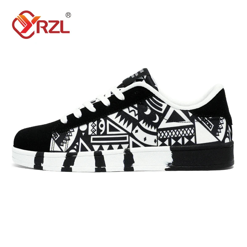 YRZL Men's Sports Running Shoes Canvas Geometric Style Lace-Up Sneakers Couples' Fashionable Graffiti Print Skate Shoes