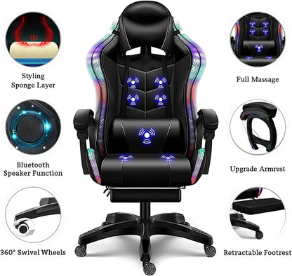 Gaming Chair with Speakers and RGB LED Light, 7 Points Massage Video Game Chair Adjustable with Headrest & Lumbar Support