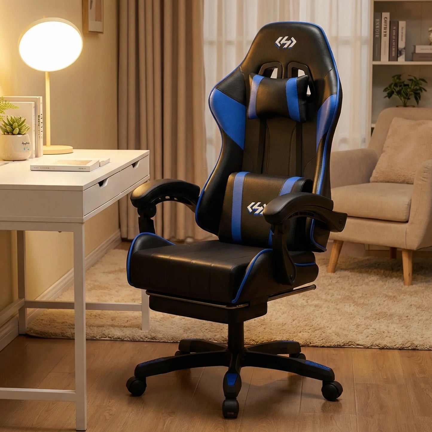 Silla gaming ergonómica, silla de oficina para ordenador con reposapiés y reposacabezas, silla de oficina para adultos con altura y respaldo ajustables