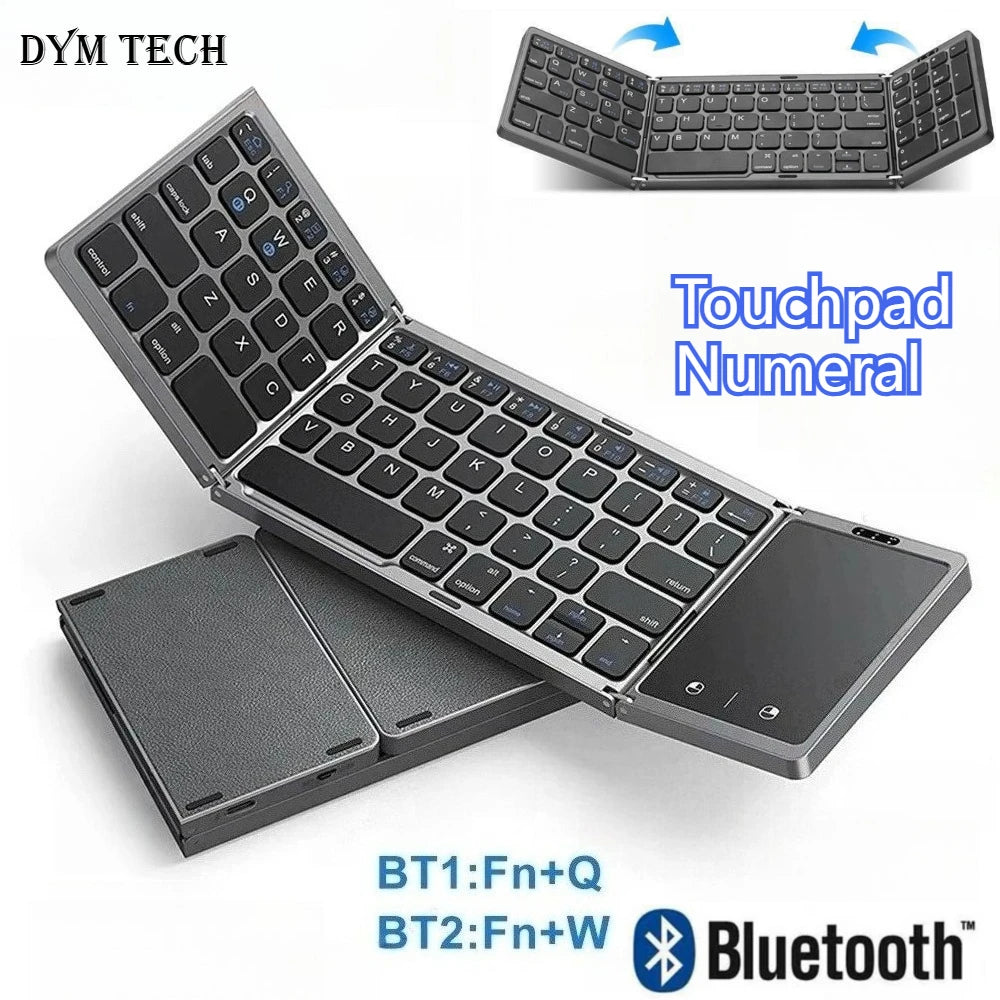 Dual Bluetooth 5.1 Keyboard 3-Folding Mini Keyboard Rechargeable Foldable Keyboard with Touchpad for Windows Android IOS iPad
