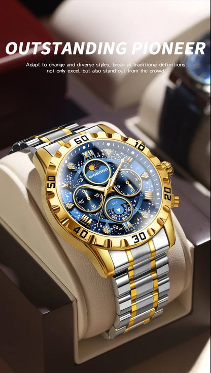 2026 Men Watch Light Luxury Business Steel Belt Moonphase Starry Night Light Waterproof Men's Fashion Quartz Clock Watches Gift