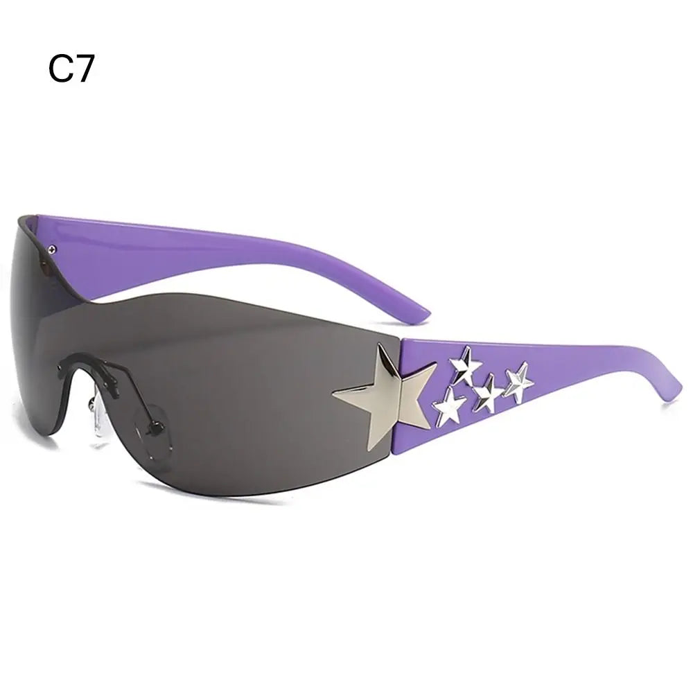 Rimless Y2K Sunglasses Women Men Punk Goggle Trendy Shield Sun Glasses UV400 3D Five Star Rhinestones Eyewear 2024
