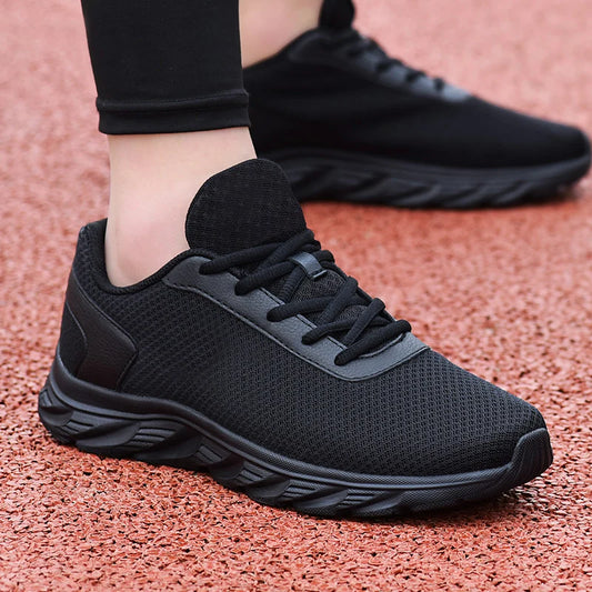 Men's Casual Sports Shoes, Black Mesh Breathable Running Shoes, Soft Sole Lightweight Flat Work Shoes
