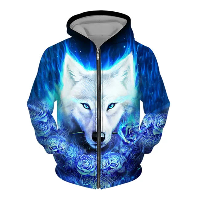 3D Wolf Print Men Zipper Hoodies Fashion Animal Pattern Top Coat Street Punk Style Oversized Sweatshirts Outdoor Leisure Jackets