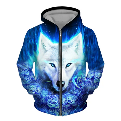 3D Wolf Print Men Zipper Hoodies Fashion Animal Pattern Top Coat Street Punk Style Oversized Sweatshirts Outdoor Leisure Jackets