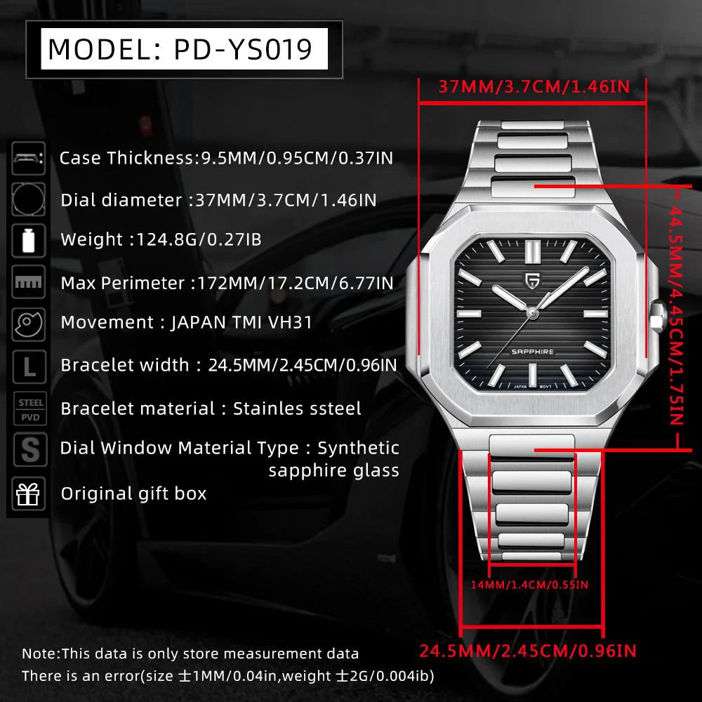 PAGANI DESIGN Novo V2 Relógio de Quartzo Quadrado para Homem, Marca de Luxo, Desportivo, Impermeável, Safira, Aço Inoxidável