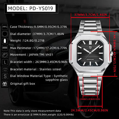 PAGANI DESIGN Novo V2 Relógio de Quartzo Quadrado para Homem, Marca de Luxo, Desportivo, Impermeável, Safira, Aço Inoxidável