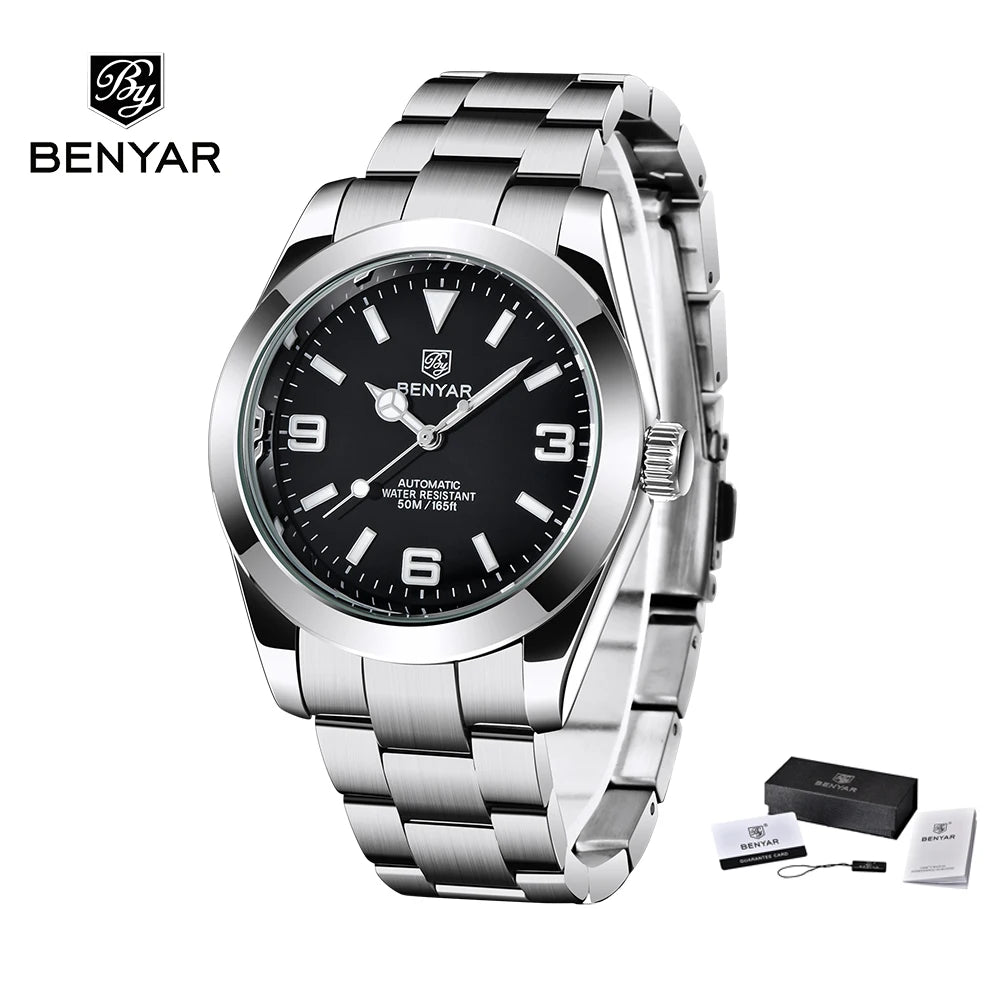 BENYAR 2025 New Men's Automatic Mechanical Watch Business Sports Luxury Men's Watches 50M Waterproof Clock Relogios Masculino