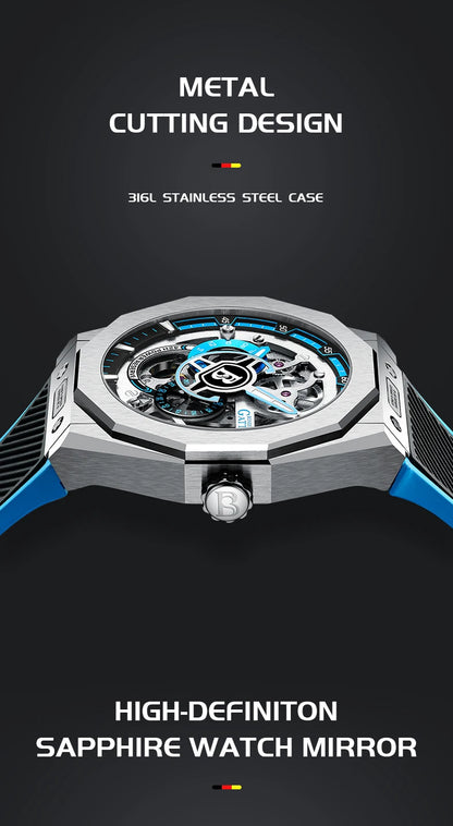 BONEST GATTI BG7601 Men Automatic Mechanical Watch Sapphire Crystal Waterproof Luminous Rubber Strap Wristwatch