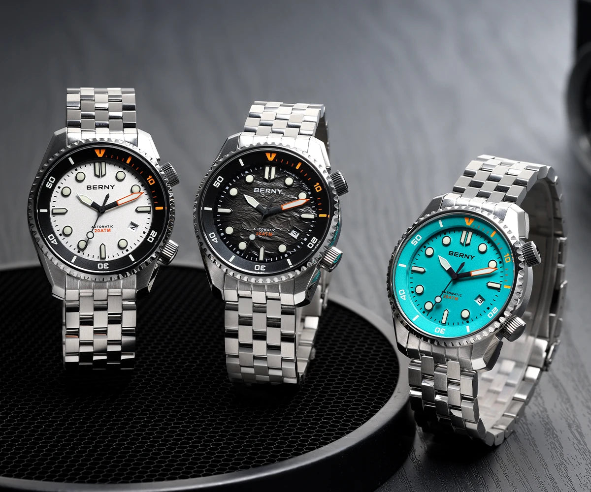 BERNY Diver Automatic Watches Men's Luxury Sapphire 316L Stainless Steel Mechanical Watch 42MM 200M Waterproof Diving Men Watch