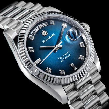 Sugess 36mm Mens of Watch Automatic Dandong Peacock SL3034 Day Movement Sapphire Glass 100m Waterproof Wristwatches MOP Date New