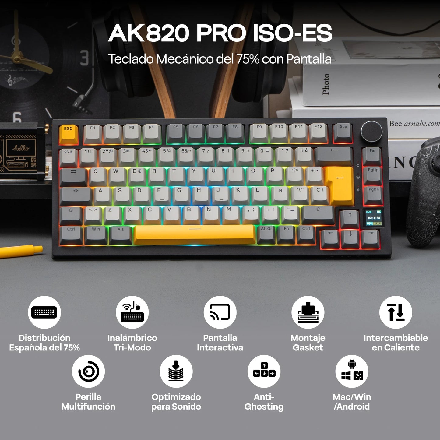 Layout ISO-ES EPOMAKER X AJAZZ AK820 PRO 75% spagnolo, tastiera meccanica cablata/2.4GHz/BT con schermo e manopola per PC/Mac
