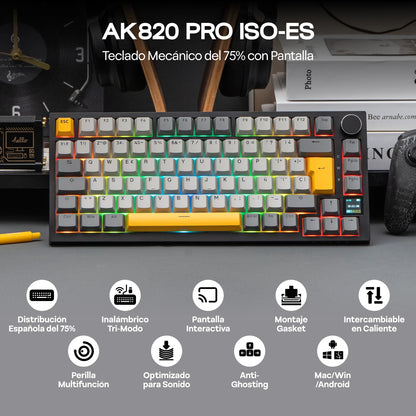 Layout ISO-ES EPOMAKER X AJAZZ AK820 PRO 75% spagnolo, tastiera meccanica cablata/2.4GHz/BT con schermo e manopola per PC/Mac