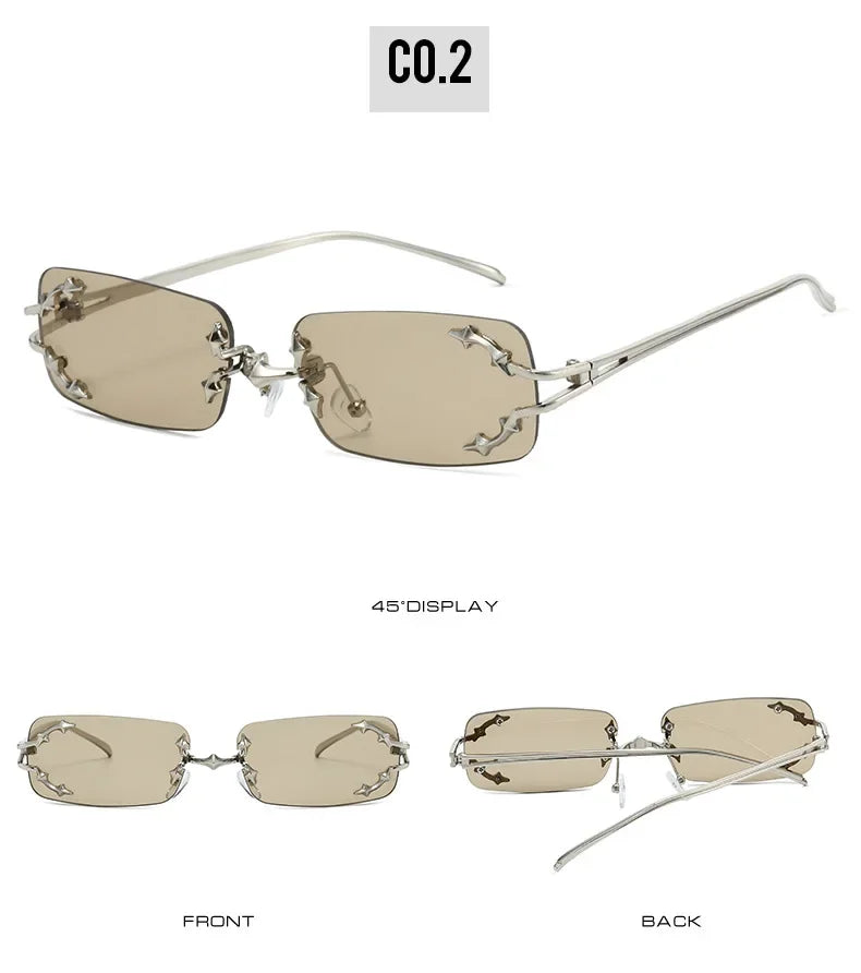 Y2K Rimless Square Star Sunglasses for Women Fashion Vintage Silver Hip Hop Driving UV400 Eyewear Alloy Frame Outdoor Men Punk