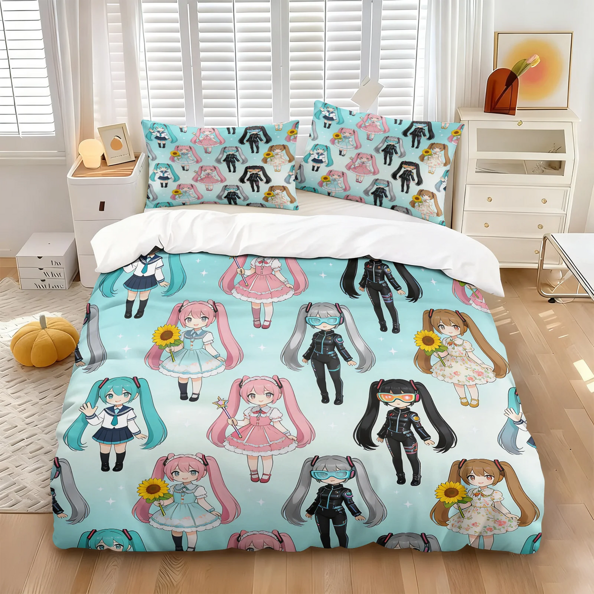 Hatsune Miku Chibi Style påslakanset – Söt anime-sängklädsel med örngott – Spelrum – Tonåringars och barns sovrumsinredning – Present till fans