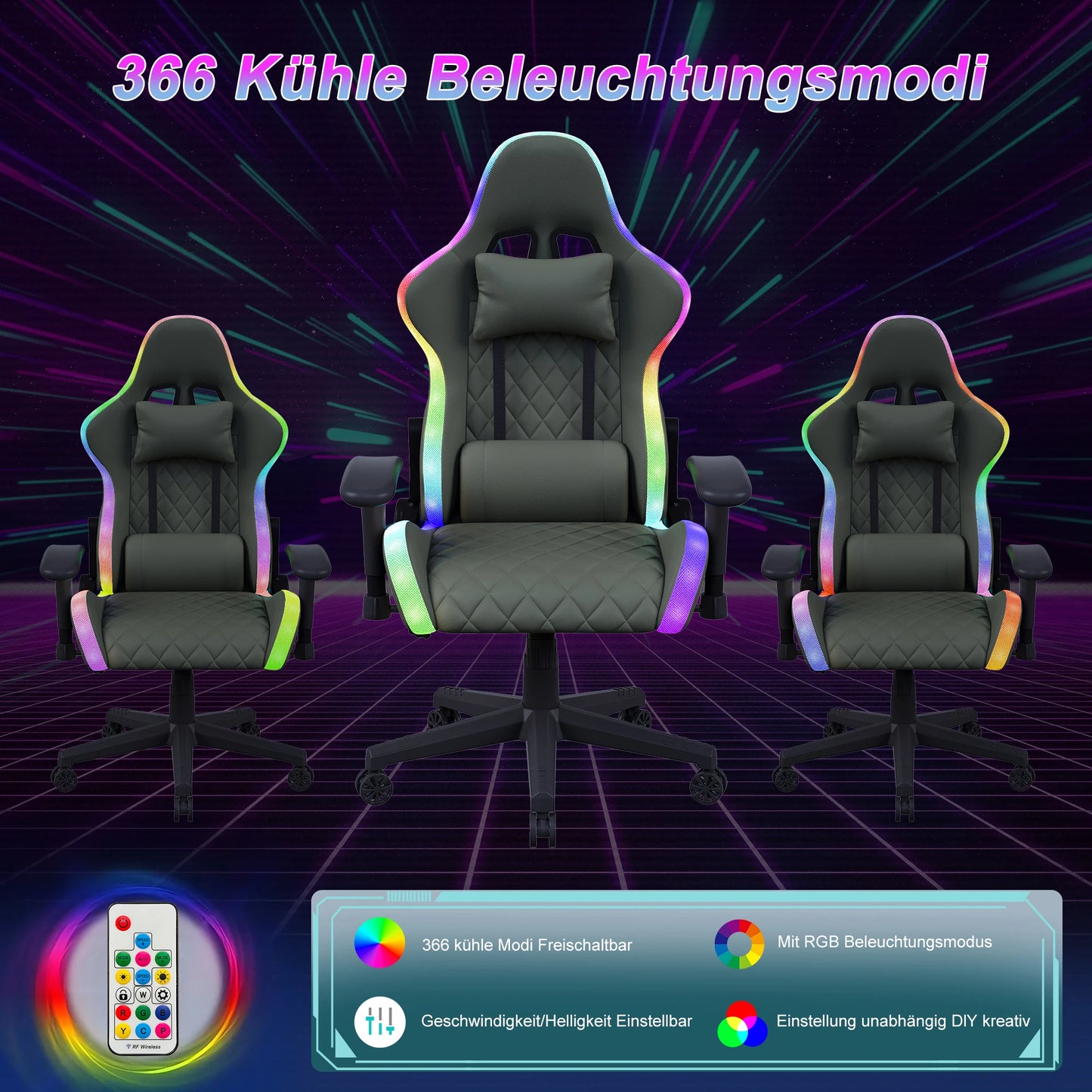 Gaming Chair, Ergonomic Gaming Chair with LED, Adjustable Computer Chair for Teenagers, Lumbar Cushion, Gamer Chair, Black