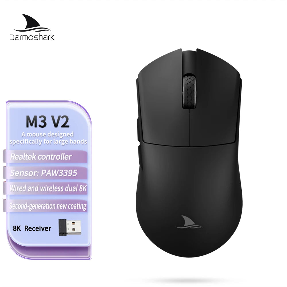 Mouse de gaming Darmoshark M3 V2 Double 8K, wireless, tri-mode, 26K DPI, senzor PAW3395, mouse macro pentru gaming, pentru mâini mari, computer, laptop și PC