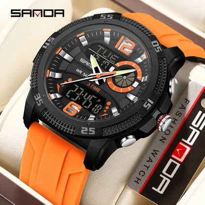 SANDA Fashion Luxury Men's Watches Dual Digital Display Sport Analog Quartz Man Wristwatch Casual Waterproof Silica Chronograph