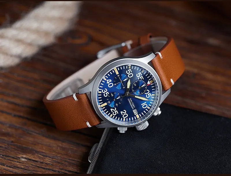 Baltany Quartz Chronograph S5045 Sunburst Blue Dial VK67 100M Stainless Steel Calendar Window Sapphire Vintage Military Watches