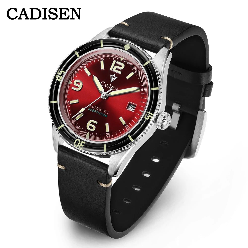 CADISEN 2026 Watch Men Mechanical Wristwatches MIYOTA 8215 Movement Genuine Leather Strap Waterproof Luminous Red Mens Watches