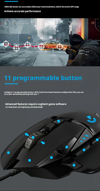 Rato gaming com cabo Logitech G502 HERO para e-sports, rato mecânico RGB com peso ajustável e macro programável para battle royale