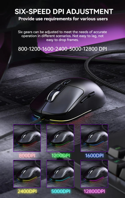 Mouse de gaming cu fir, 6 niveluri DPI ajustabile până la 12800DPI, cip Instant A825, iluminare RGB, programare macro, design ergonomic, mouse universal