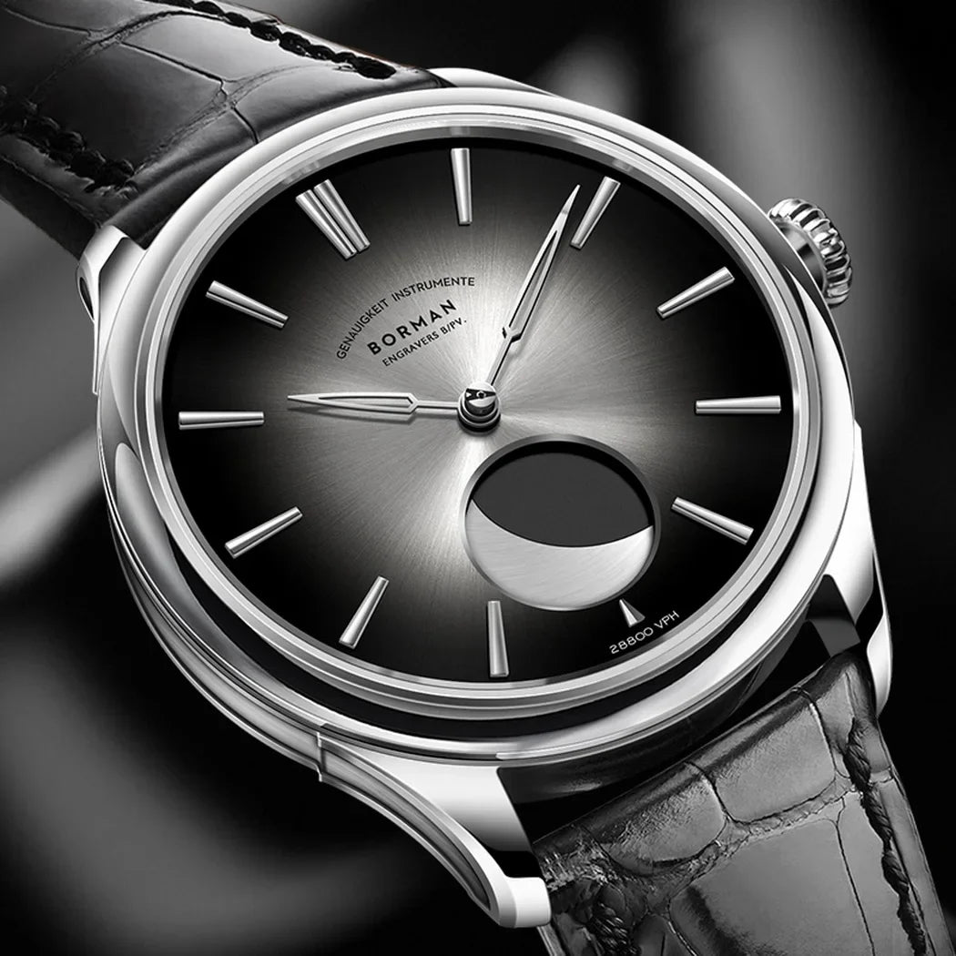 Borman Men's Automatic Watches, Luxury Moon Phase Mechanical Wristwatch, Fashionable 50M Waterproof with Sapphire Leather Strap