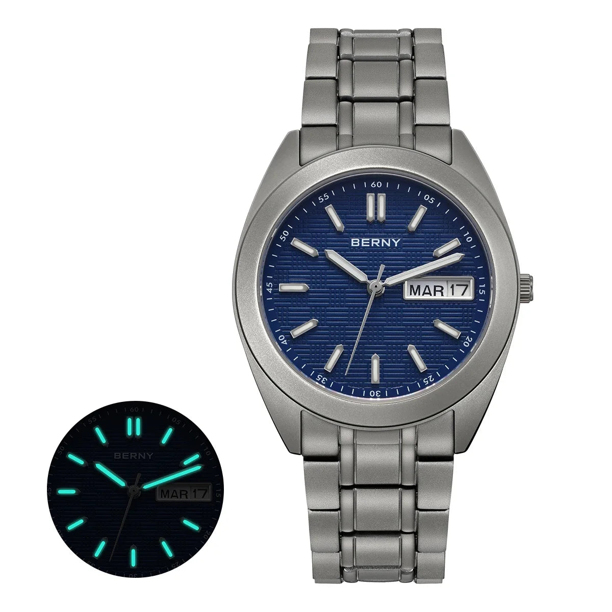 BERNY Full Titanium Men Watch Date Week Quartz Watches Calendar Sapphire Super Luminous 100M Waterproof Lightweight Wristwatch