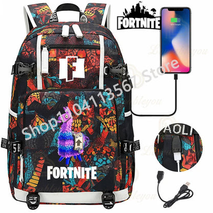 Mochila Red Jade F-Fortnited Battle Royale com carregamento USB, figuras anime e compartimento para material escolar para estudantes