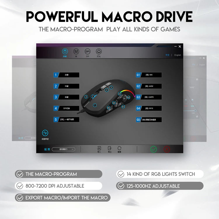 Mouse de birou pentru gaming cu fir 7200DPI, iluminare RGB, 6 niveluri DPI ajustabile/10 butoane programabile/buton de revenire la desktop
