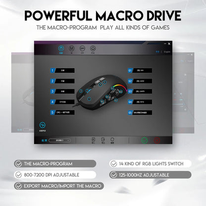 Mouse de birou pentru gaming cu fir 7200DPI, iluminare RGB, 6 niveluri DPI ajustabile/10 butoane programabile/buton de revenire la desktop