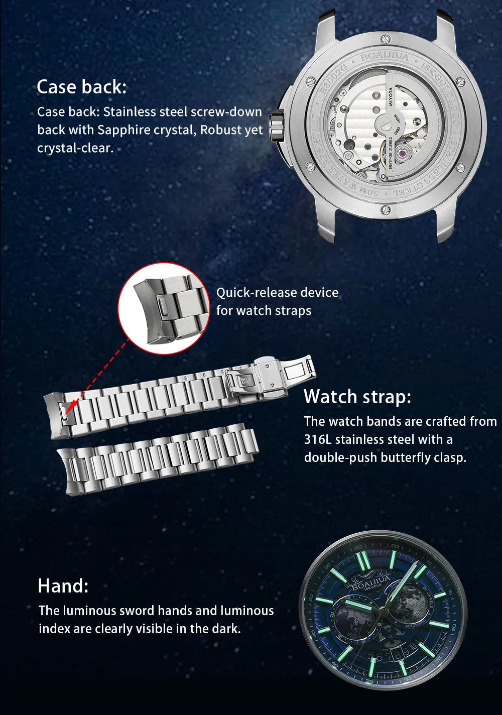 BORIAGE(BOAIJIUA) Automatic Mechanical Watch Creative Starry Sky Watch Water Resistant  Mechanical Watches Birthday Gift for Men