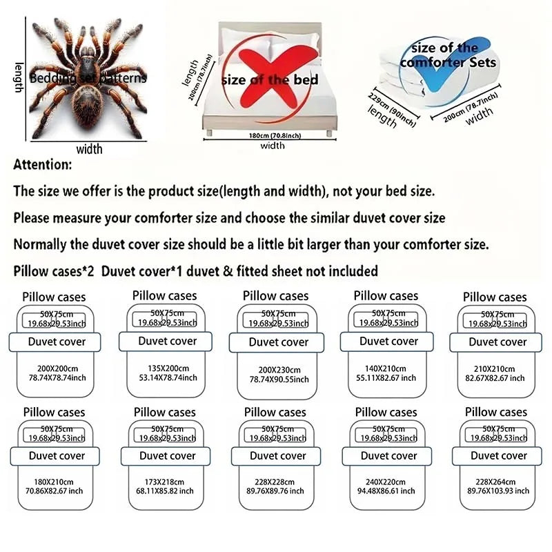 3D Furry spider close-up Pattern Duvet Cover Set Digital Print Colorful Polyester Bedding with Zipper Closur for kids gifts