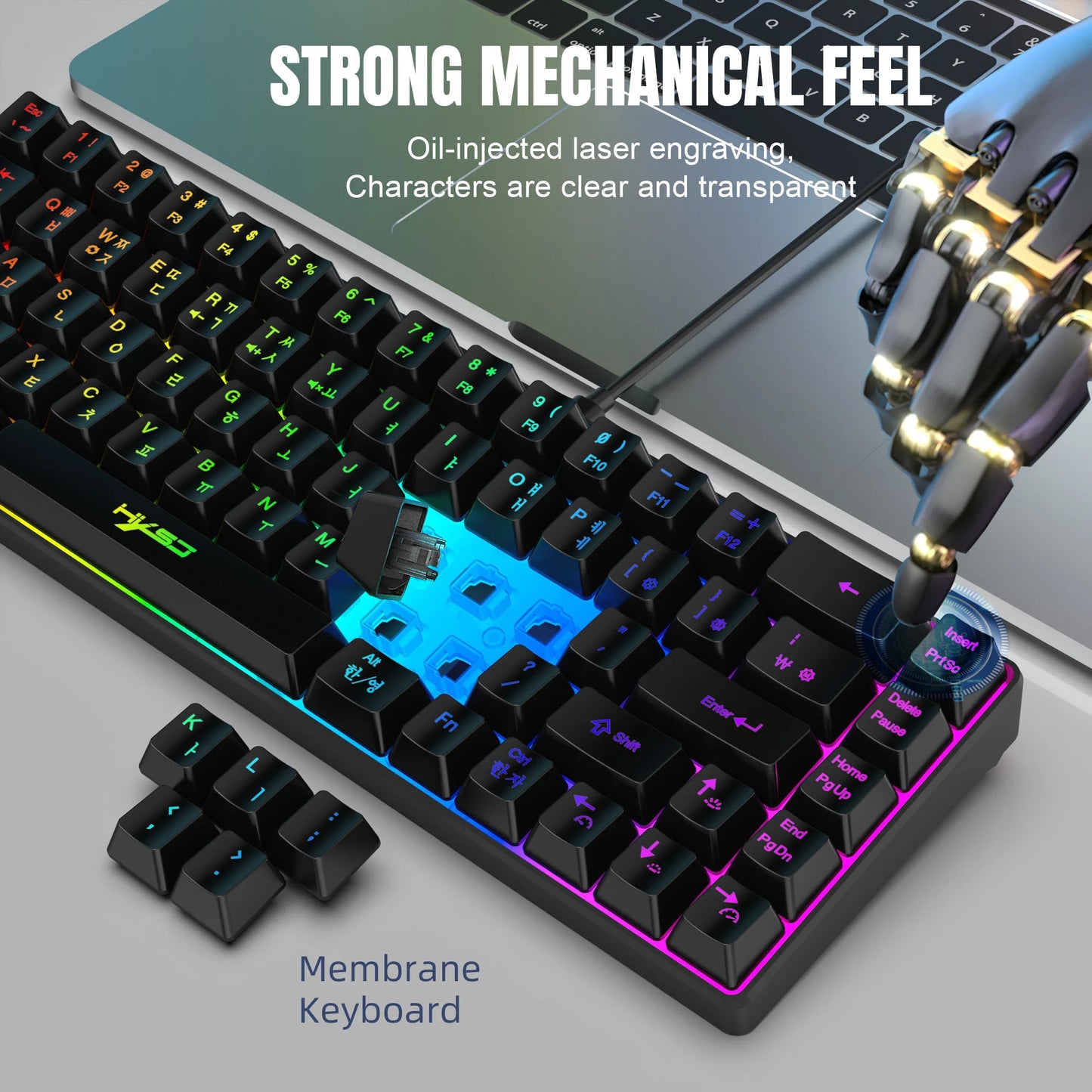 Teclado gaming coreano portátil HXSJ V200 de 68 teclas, 65%, com retroiluminação RGB, com fios, de membrana, para escritório, PC de secretária e computadores portáteis
