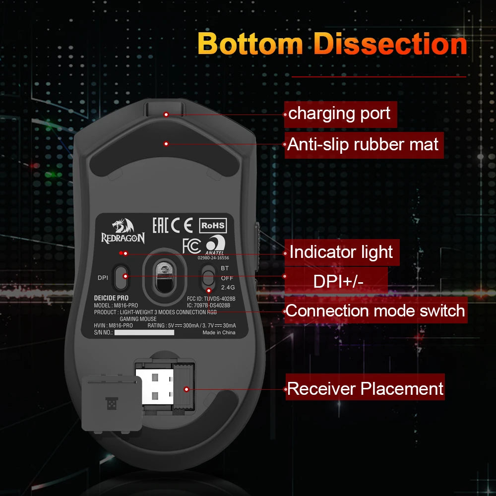 Mouse gaming REDRAGON DEICIDE M816 PRO RGB USB cu suport Bluetooth 2.4G wireless, 26000 DPI, 6 butoane pentru gameri, mouse cu fir pentru computer
