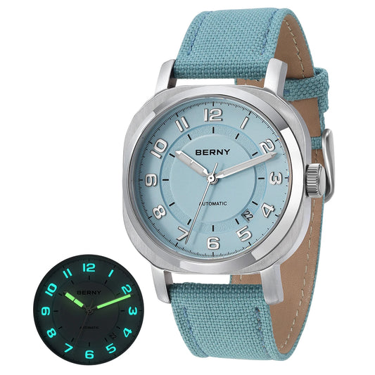 BERNY Mechanical Watch For Women Self-wind Pillow Cushion Sapphire Super Luminous Wristwatch Canvas Calendar Watch For Ladies