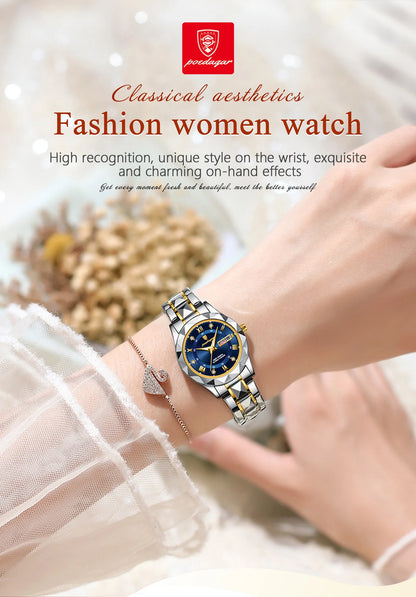 POEDAGAR Top Luxury Watches For Women Stainless Steel Week Date Woman Wristwatch Luminous Waterproof Fashion Quartz Ladies Watch