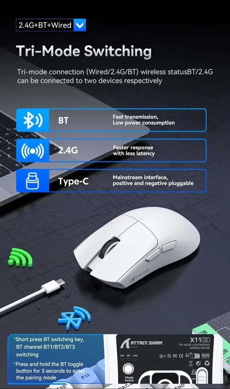 ATTACK SHARK X11SE ultra lagani bežični gaming miš, životni vijek od 20Million ciklusa, PAW3311 Gaming, 22KDPI, 400IPS, 40G, 1KHz, 65 Hours, 30mAH