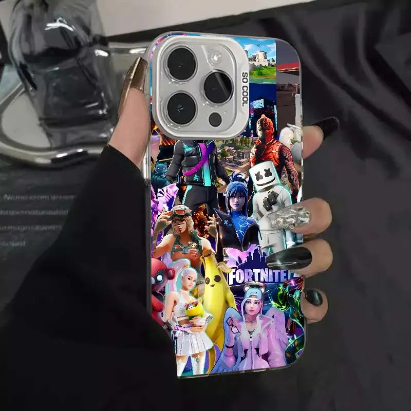 1pc Game F-Fortnite Phone Case IMD Color Silver Shell For iPhone 16, 15, 14, 13, 12, 11 Pro Max Plus