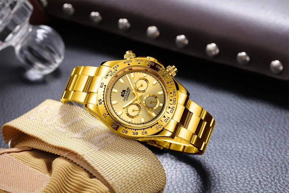 Automatic Mens Watch Self Wind Mechanical Gold Stainless Steel Glacier Ice Blue Dial Chestnut Brown Bezel Luminous Men Watches