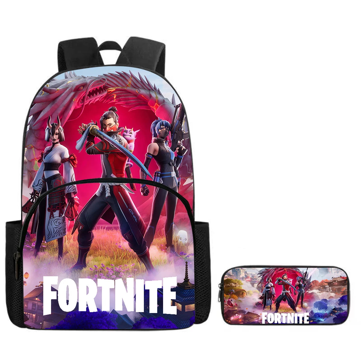 Fortnite Cartoon Backpack with Front Pocket & Pencil Case 2PCS - School Set for Boys Girls Age 5-8, Back to School Gift