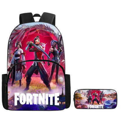 Fortnite Cartoon Backpack with Front Pocket & Pencil Case 2PCS - School Set for Boys Girls Age 5-8, Back to School Gift